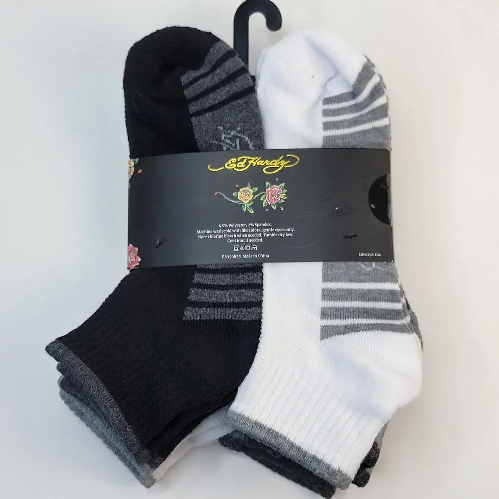 Ed Hardy 8 Pair Mens Shocks Multicolor Spell Out Arch Support Moisture Wicking